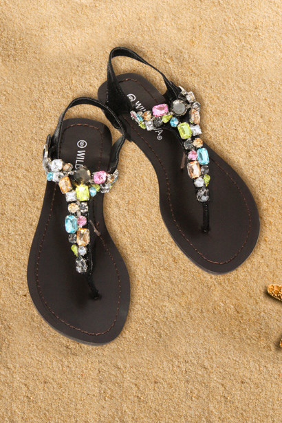 Sandals Black Flat Thong with Jewel Top